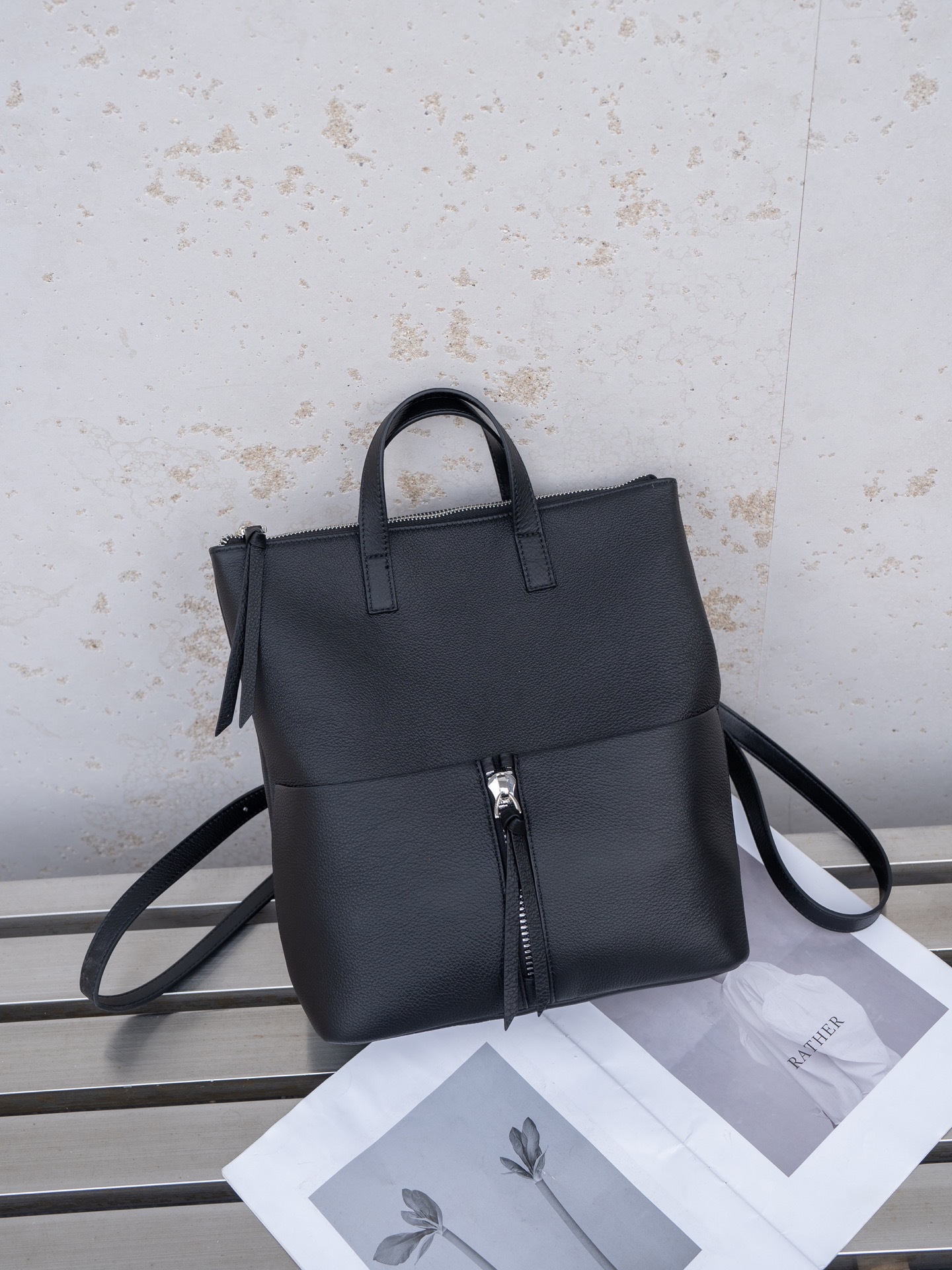 Women's Black Leather Front Zip Detail Tote Backpack