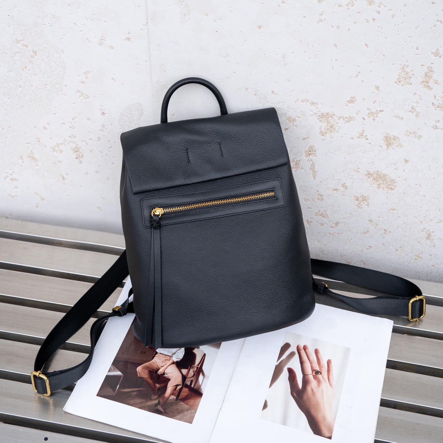 Women's Black Leather Backpack with Front Zip Pocket