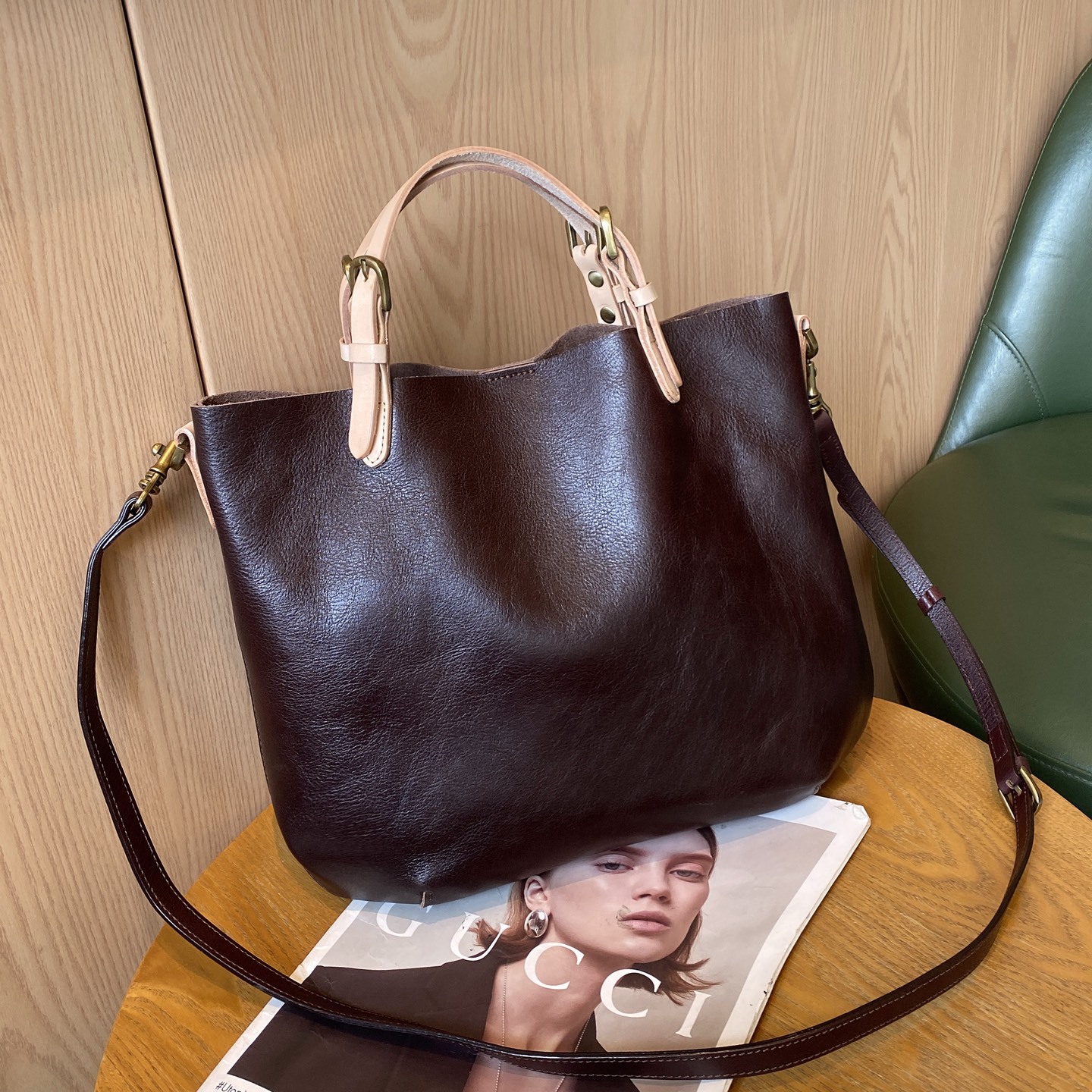 Women's Minimal Black Leather Bucket Tote Bag