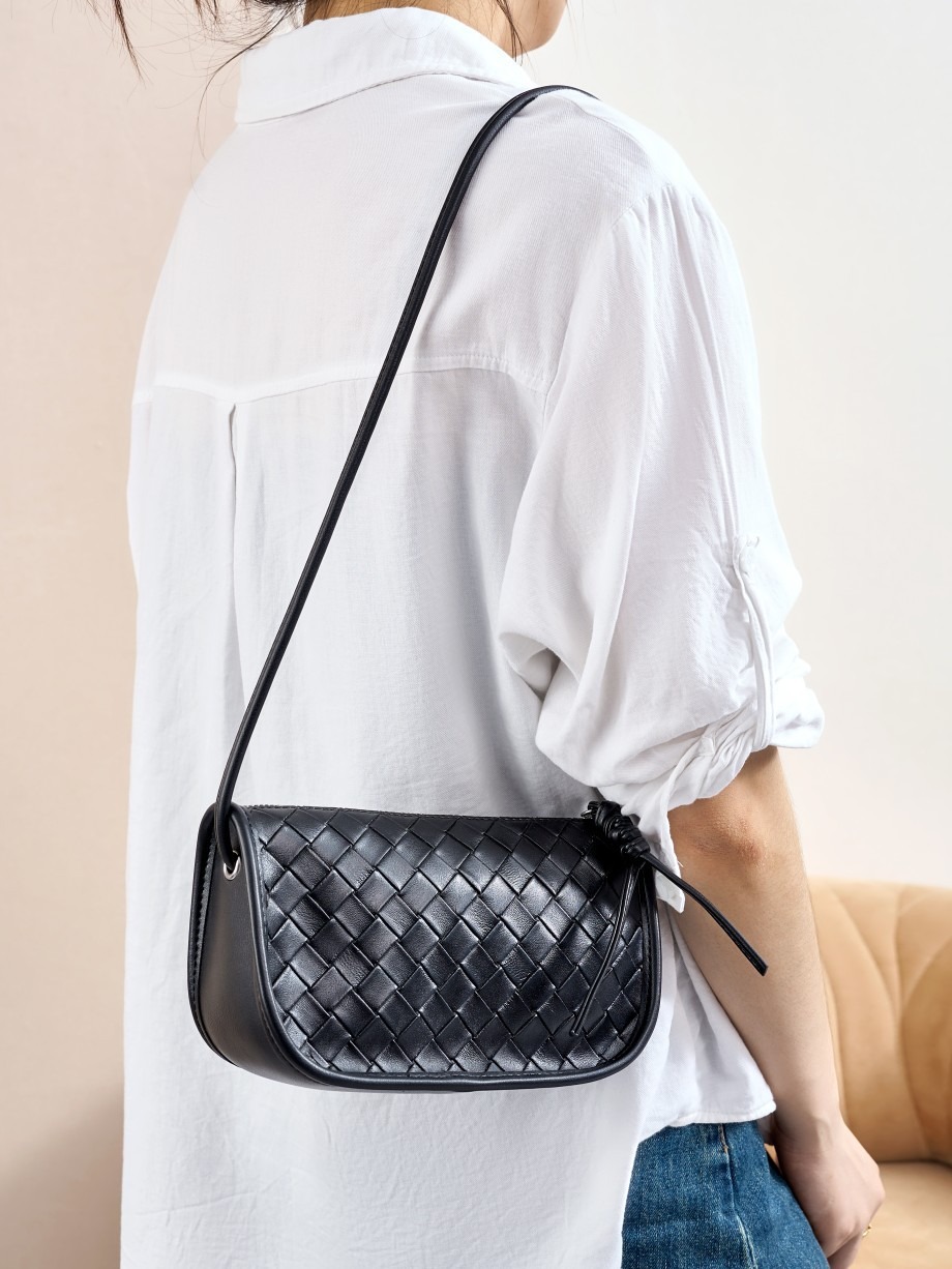 Women's Black Woven Leather Crossbody Bag